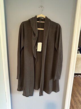 Eileen Fisher Long Sleeve Open Cardigan, Linen, Grey, NWT, Size M, hooded